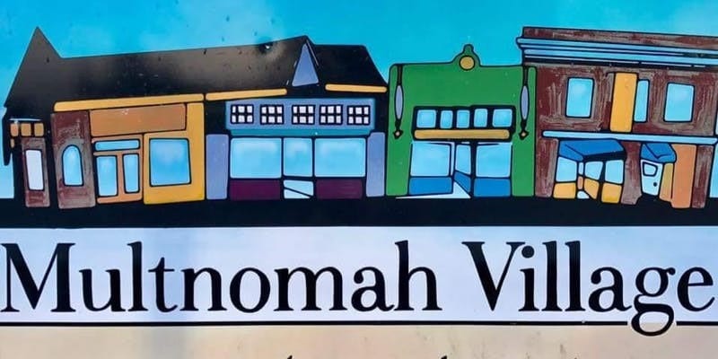 A colorful mural depicts the Multnomah Village mainstreet.