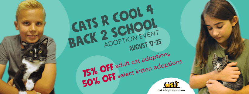 This Cats Are Cool for Back to School event banner features a child holding a cat on the left, and another child holding a kitten on the right.