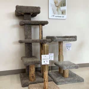 Two WTW cat towers and a scratching post are shown clostered together.