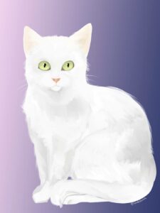 Artwork depicting an all white cat on a purple background