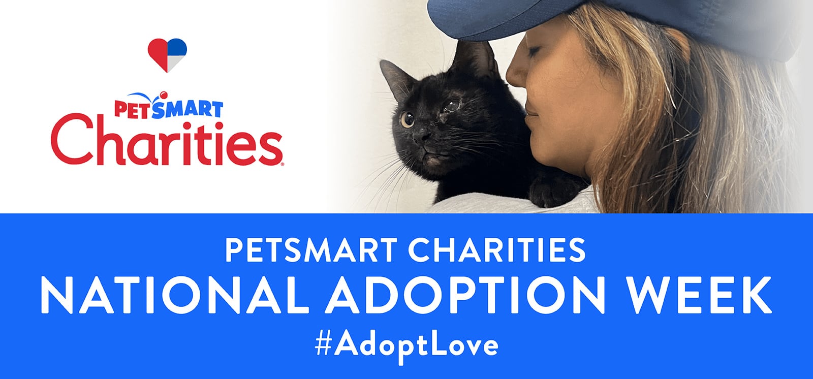 PetSmart Charities logo and image of a woman in a ballcap holding a black cat