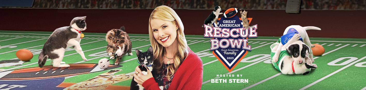 Football field background behind playful kittens, puppies and blonde female host