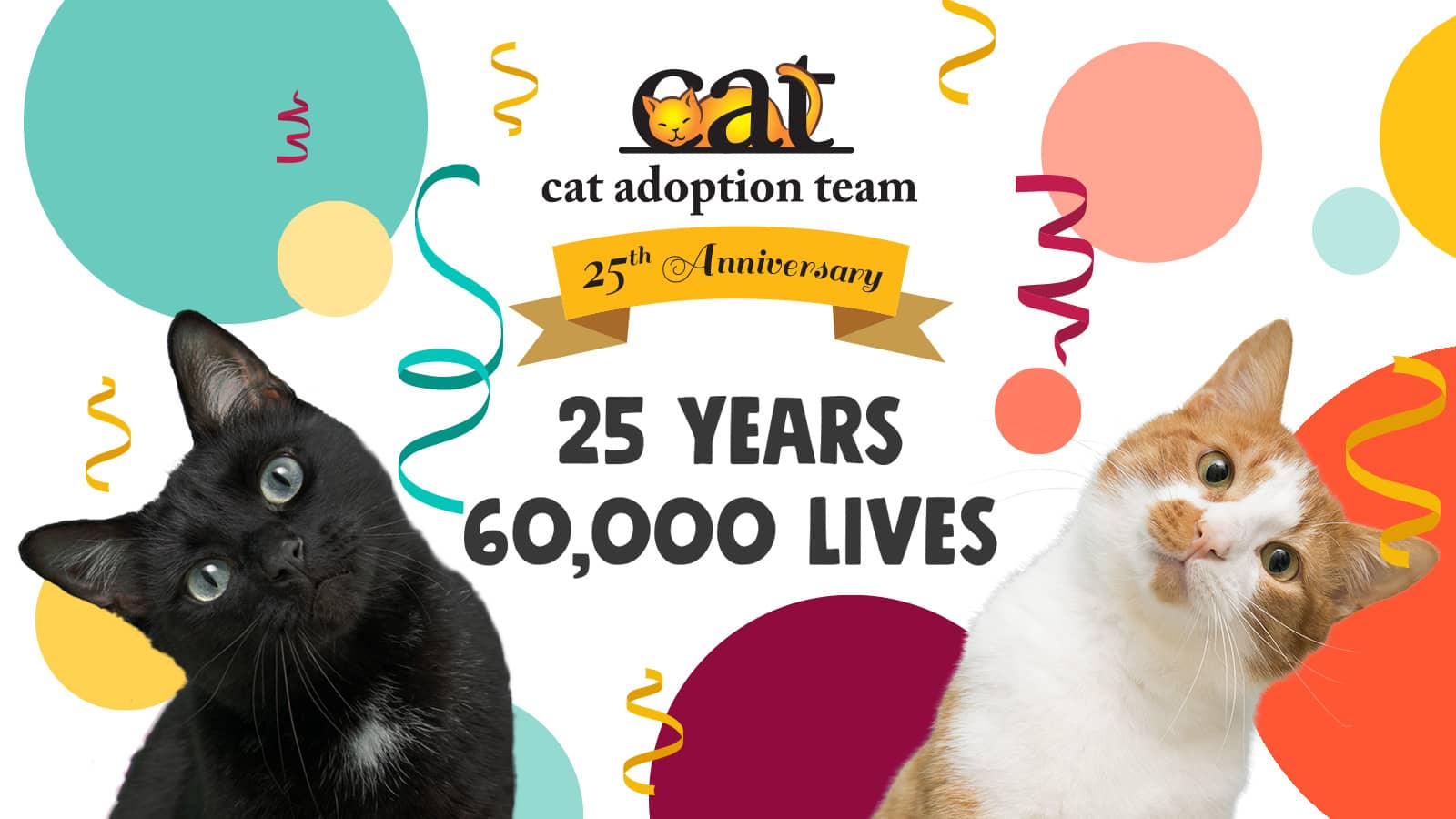 Colorful circles, confetti, and two cute cats surround the Cat Adoption Team's 25th Anniversary logo and the words 25 years,60,000 lives.
