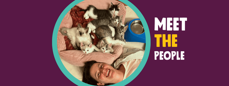 Meet the People banner features a photo of volunteer Naomi lying on the floor next to six kittens.