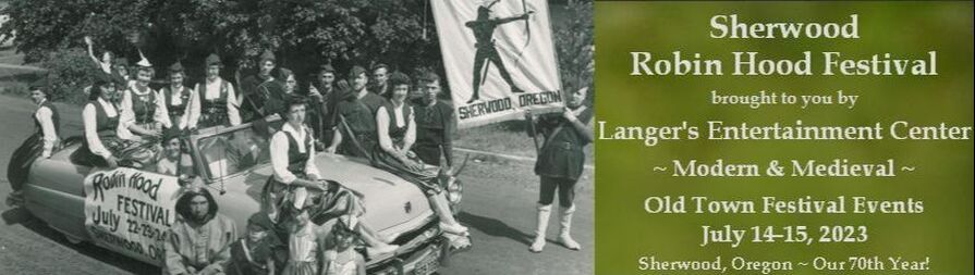 Banner image features a black-and-white photo of a parade vehicle filled with and surrounded with people dressed in Robin Hood-themed costumes and carrying a large banner. Text on the right restates event details.
