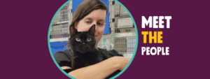 Infographic with eggplant-colored background and photograph of Dr. Bell holding a black cat in front of their face in the center. Text to the right in white and yellow says, "Meet the People."