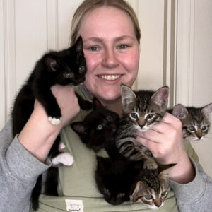 A person stands, holding multiple small kittens. They are striped and black. The person smiles at the camera as do a few kittens.
