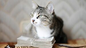 A tabby-and-white cat sits at a desk behind a stack of paper money.
