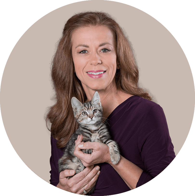 Kristi Brooks smiling in a purple blouse. She is holding a tabby kitten.