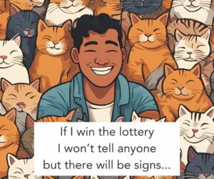 Cartoon shows a person smiling surrounded by cats. Text reads, "If I win the lottery I won't tell anyone but there will be signs..."