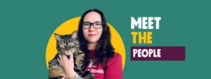 Teal background banner with a yellow circle at center. A person holds a tabby cat in front of the yellow circle. Text on the right reads "meet the people"