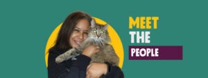 Teal background banner featuring a person holding a cat close to their face. Text on the right reads "Meet the People"