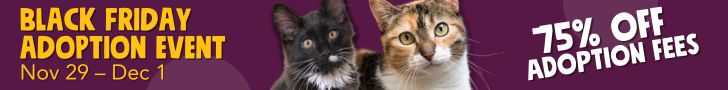 Black Friday Weekend Adoption Event, Nov 29 to Dec 1. 75% off adoption fees.