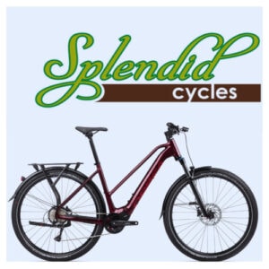 Splendid Cycles logo and image of a red e-bike