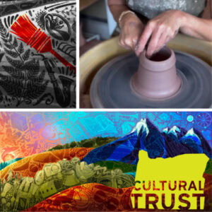 Artwork, someone making pottery, Culture Trust logo.