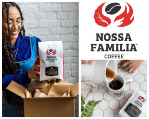 A person pulls a bag of Nossa Familia coffee out of a cardboard shipping box next to a closeup image of someone pouring a cup of coffee.