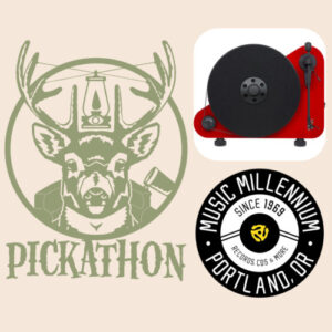 Pickathon logo. A bright red triangle-shaped turntable. Music Millennium logo.